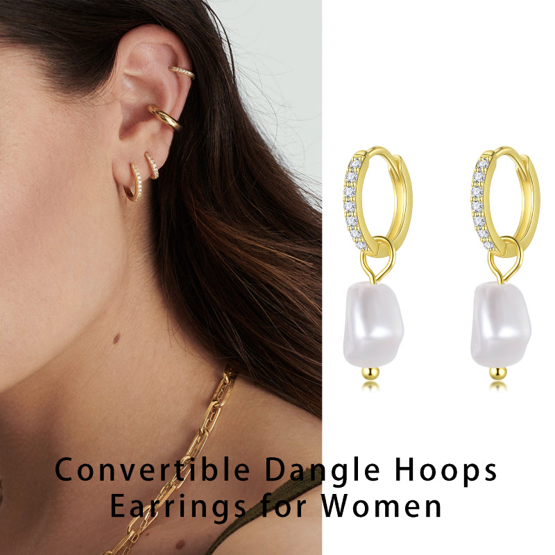 Sterling Silver Plated 14K Gold Freshwater Pearl Huggie Hoop Earrings,Lightweight Drop Dangle Earrings for Women HE0134
