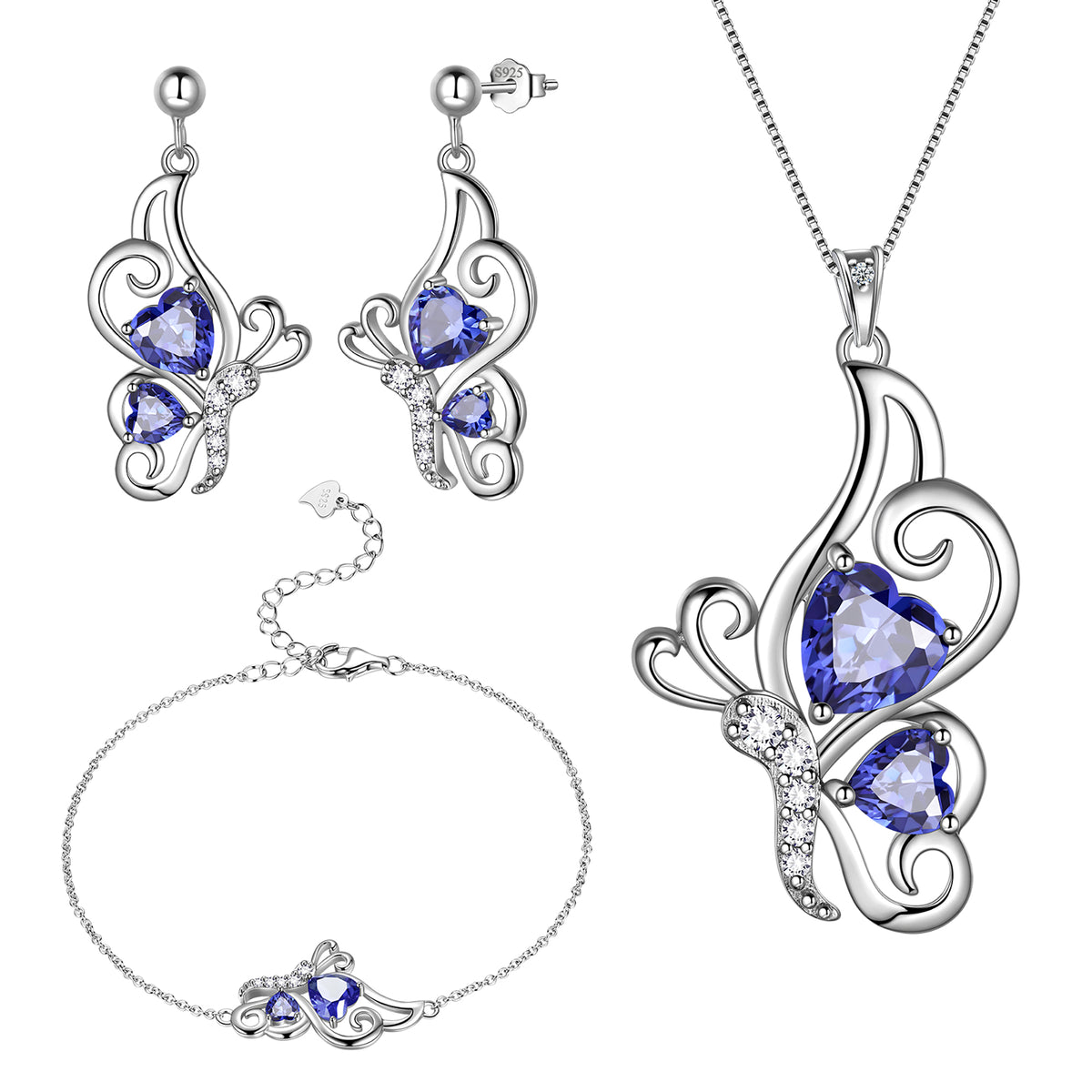Butterfly Heart Jewelry Set,925 Sterling Silver Purple Amethyst Birthstone Pendant Necklace/Earrings/Bracelet Set Cute Animals Jewelry Gift for Women Girls