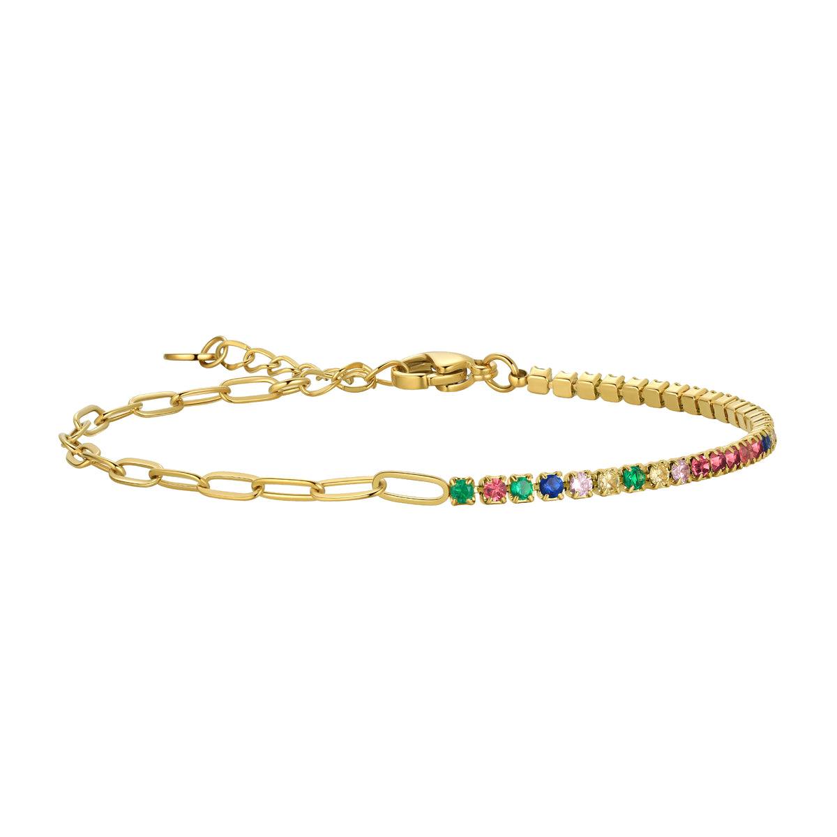 Gemstone Tenis Bracelet,18K Gold Dainty Multi-colors Cubic Zirconia Chain Link Bracelet Jewellry Gifts for Women Girls