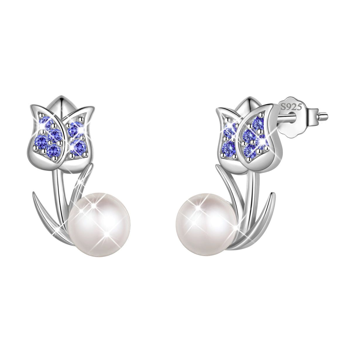 925 Sterling Silver Tulip Pearl Birthstone Stud Earrings for Women, Flower Birthstone Earrings Jewelry Gift for Wife Mom Girlfriend, Birthday Valentine’s Day Mother’s Day Gift