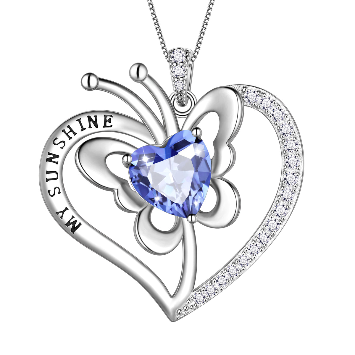 My Sunshine Butterfly Necklace, S925 Sterling Silver Heart Birthstone Birthday Anniversary Christmas Jewelry Gifts for Women / Wife / Lovers