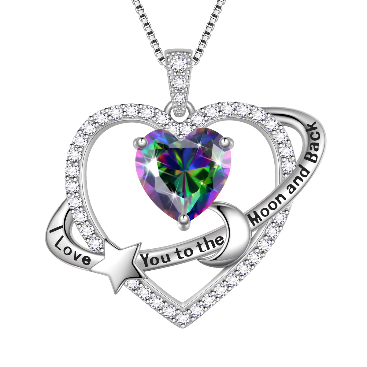 I Love You to The Moon and Back Necklace,S925 Sterling Silver Heart Birthstone Necklace, Moon and Star Pendant Necklace Birthday Anniversary Christmas Jewelry Gifts for Women / Wife / Lovers