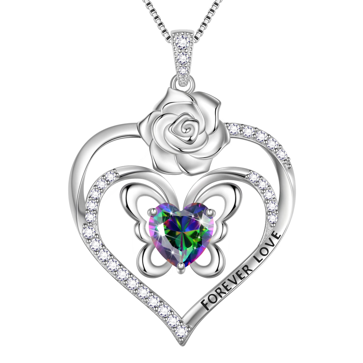 Forever Love Butterfly Heart Necklace,925 Sterling Silver Rose Flower Pendant Necklace Jewelry Birthday Christmas Valentines Gifts for Women Girls