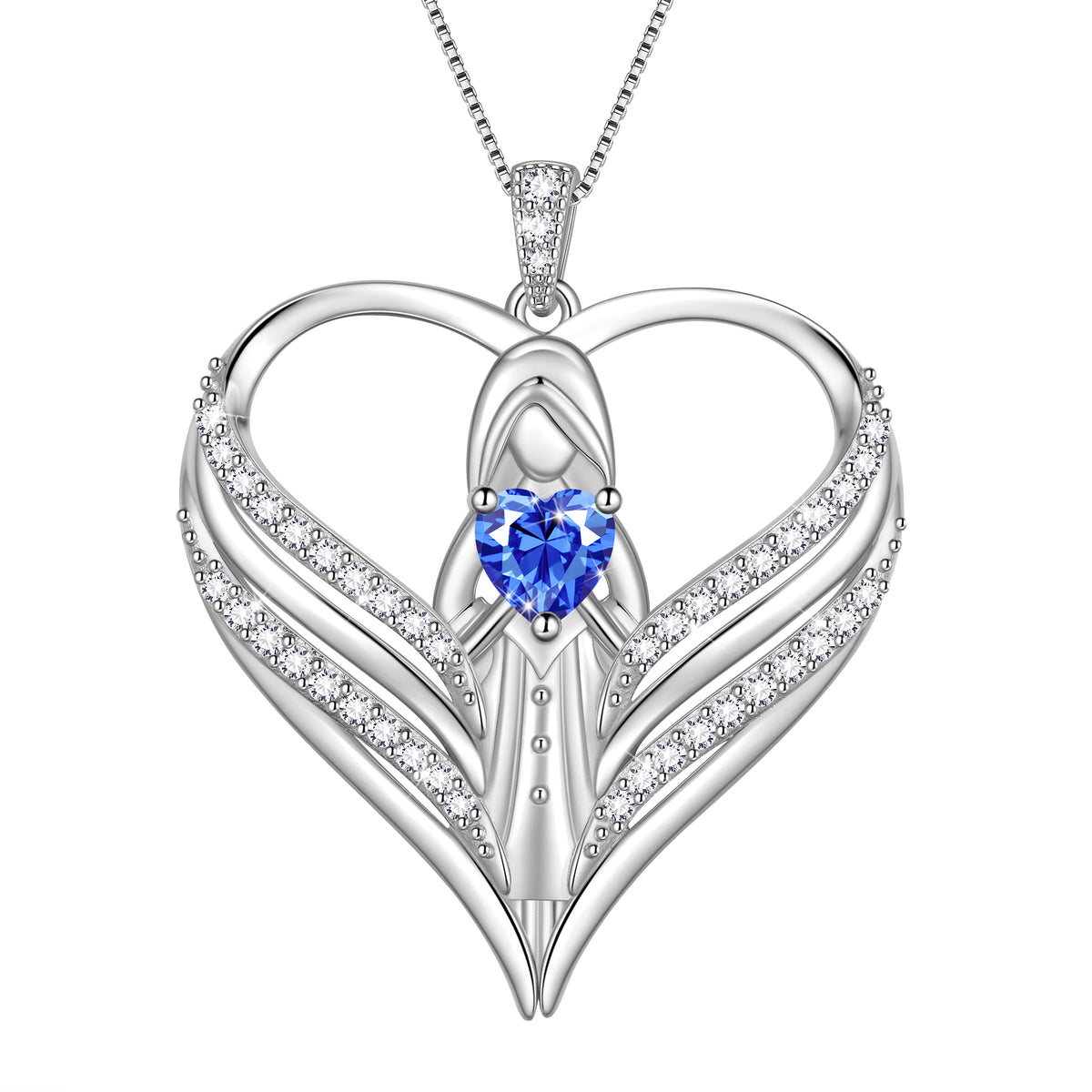 Beautlace 925 Sterling Silver Angle Heart Necklace with Birthstone,Guardian of Love Heart Pendant Necklace Jewelry Birthday Christmas Valentines Gifts for Women Mom