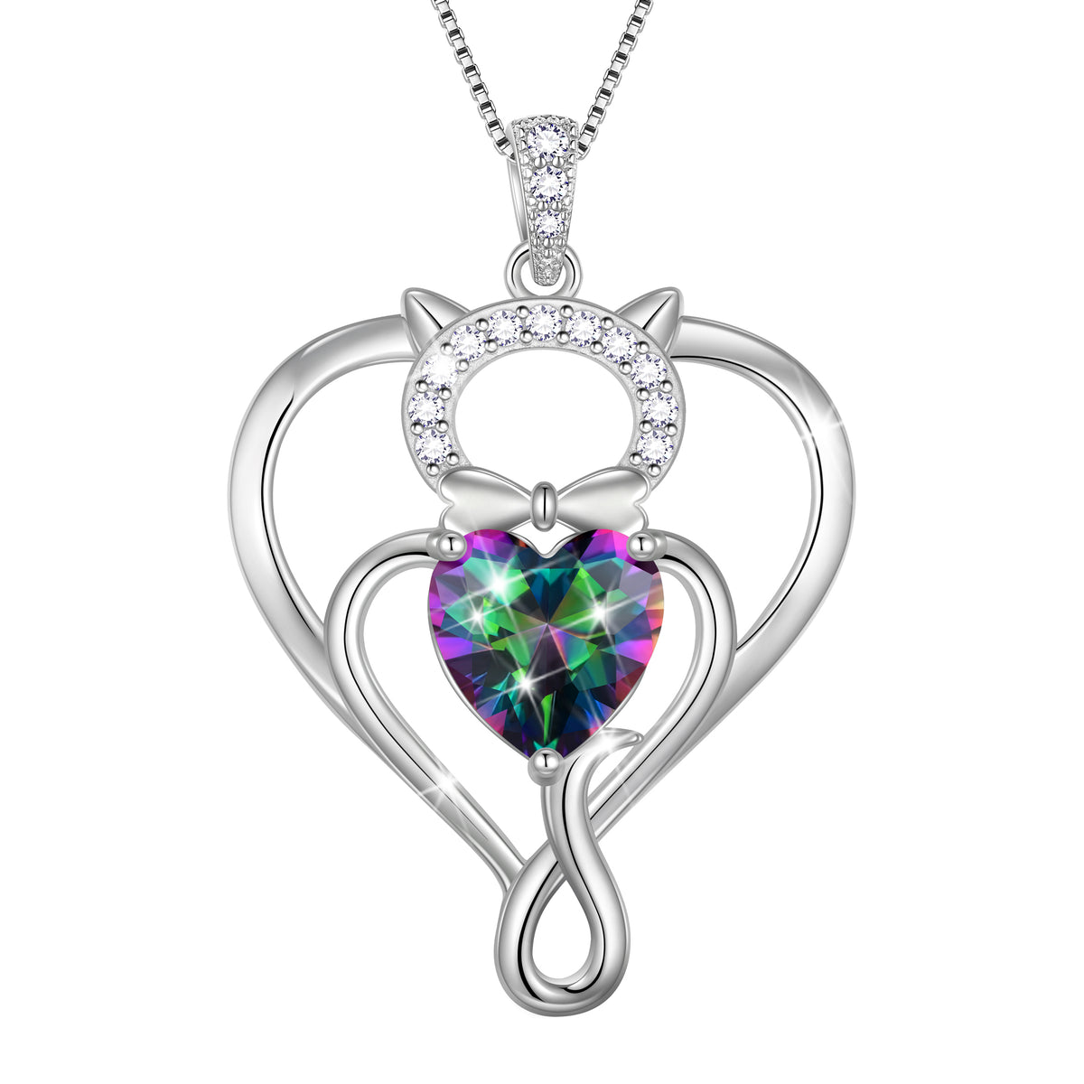 Beautlace 925 Sterling Silver Heart Birthstone Necklace,Cat Pendant Necklace Cute Animal Jewelry Birthday Christmas Valentines Gifts for Women