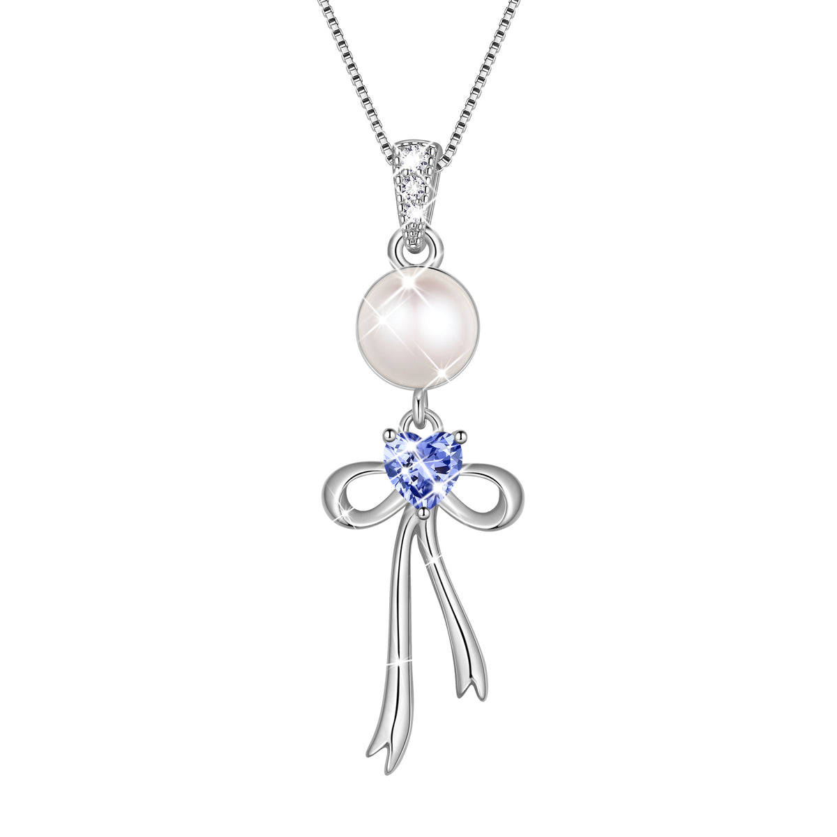 S925 Sterling Silver Birthstone Necklace for Women,Pearl Bow Pendant Necklace with CZ Birthstone,Jewelry Gift for Her Wife Mom Girlfriend,Birthday Mother’s Day Christmas Gift