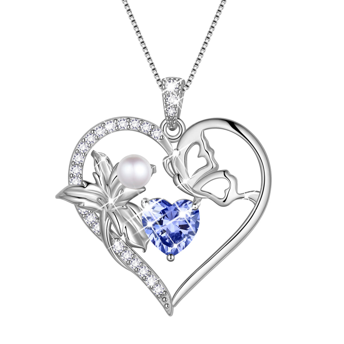 925 Sterling Silver Flower Heart Birthstone Necklace,Butterfly and Iris Pearl Pendant Necklace Birthday Valentine's Day Christmas Jewelry Gifts for Women / Mom / Lovers