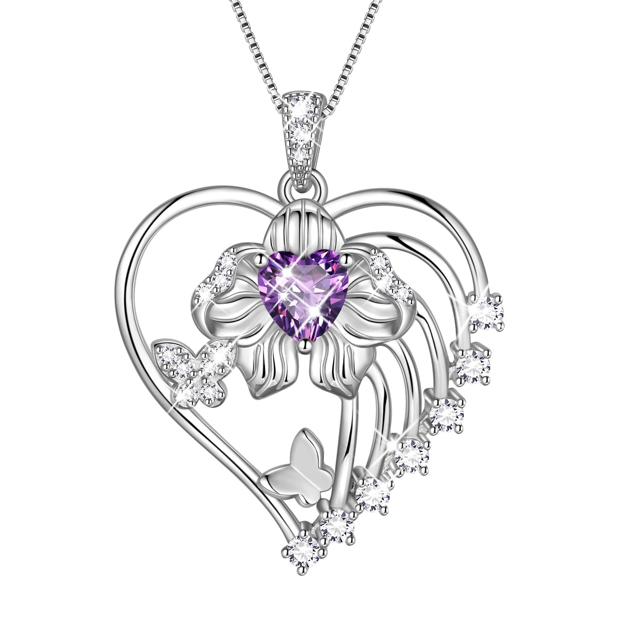 18K White Gold Plated Heart Birthstone Necklace for Women,Orchid Butterfly Pendant Jewelry Gift for Wife Mom Girlfriend,Birthday Valentine’s Day Mother’s Day Gift