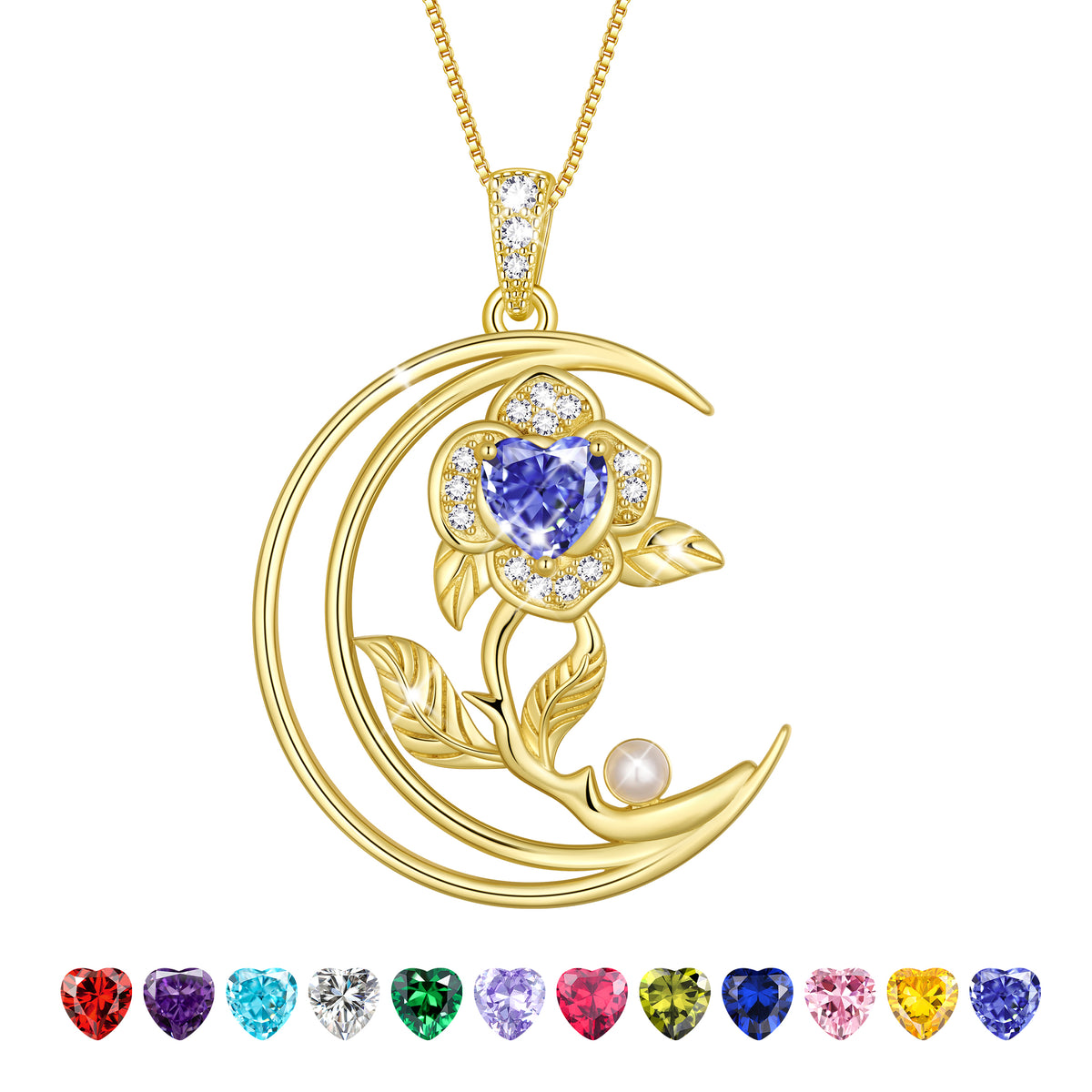 eart Flower Necklace for Women,18K White Gold Plated S925 Sterling Silver Heart Moon Birthstone Pearl Pendant Jewelry Gift for Wife Mom Girlfriend,Birthday Anniversary Gift
