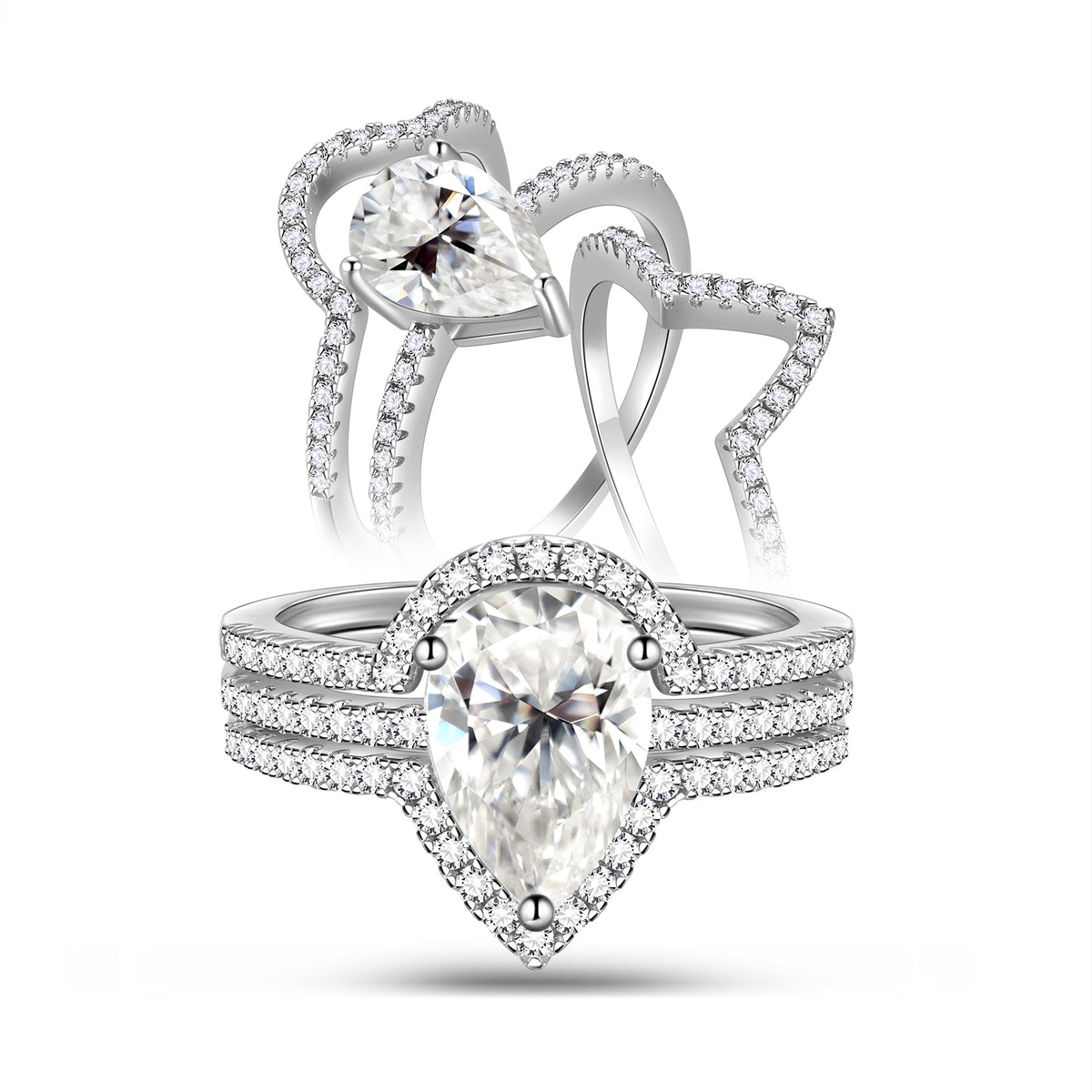 2 Ct Moissanite Engagement Ring Set | 18K White Gold over Silver Wedding Bridal Rings Set for Women | Womens Pear Engagement Band Ring