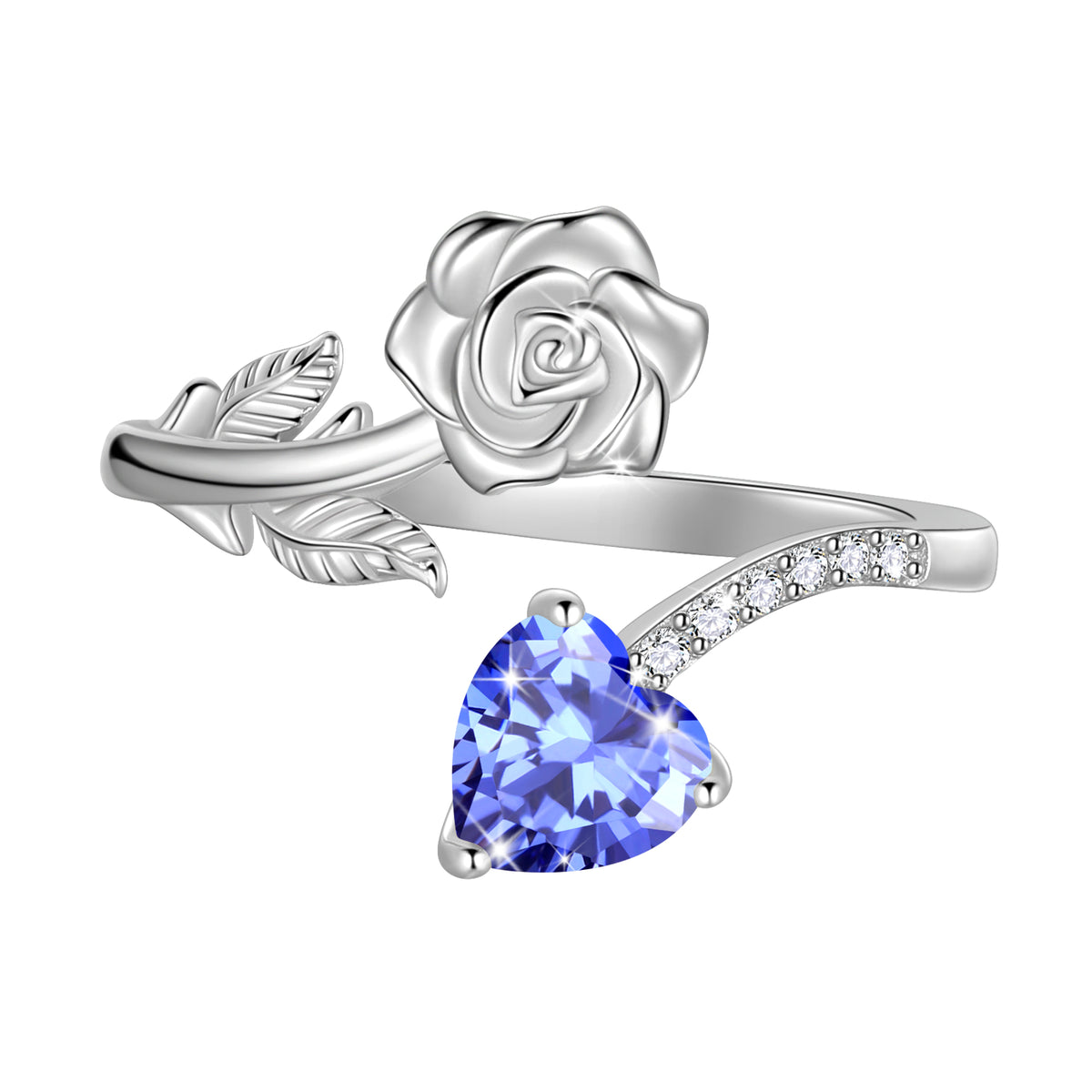 Rose Heart Birthstone Ring,925 Sterling Silver Adjustable Open Heart Rings Jewelry Gifts for Women Mom Girls