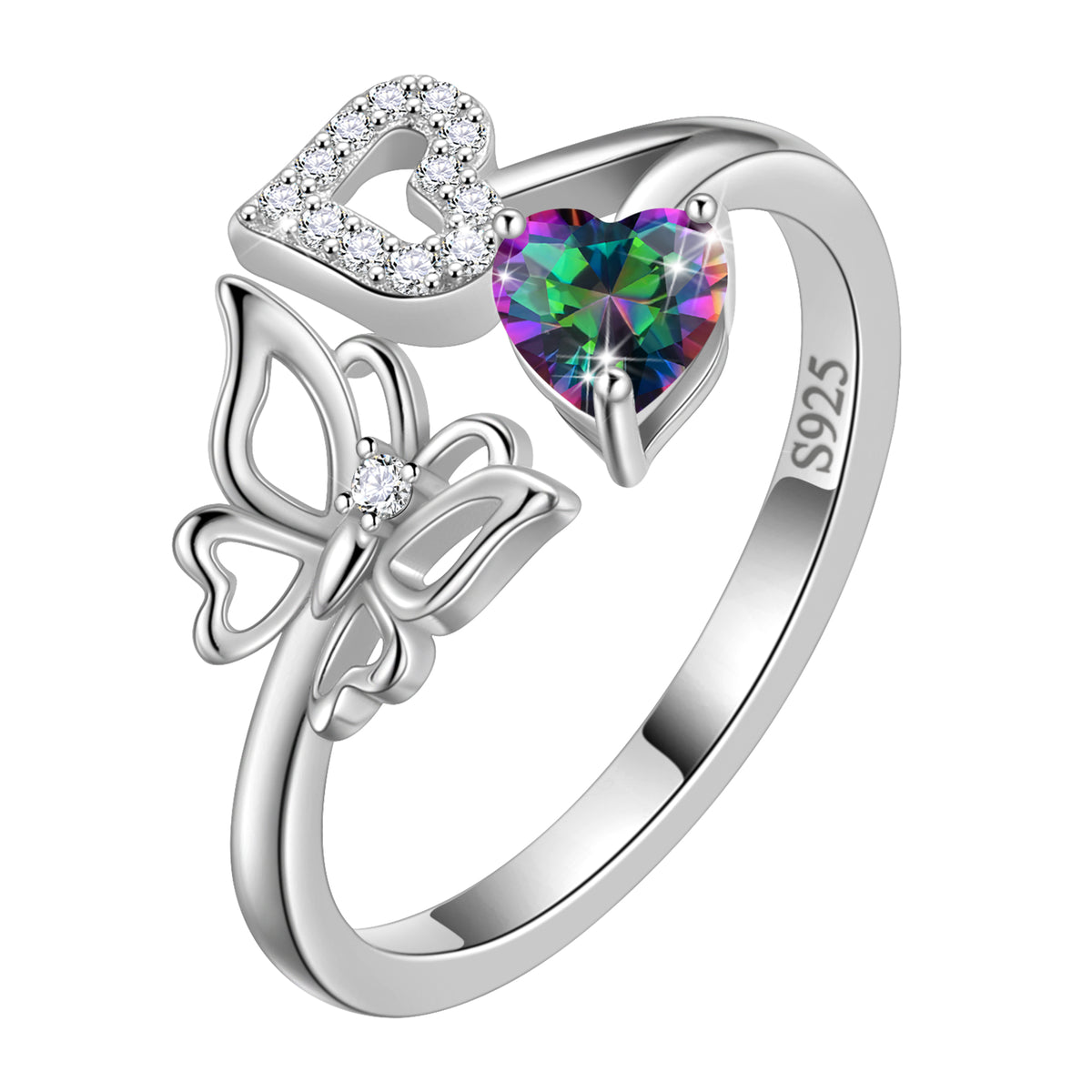 Heart Birthstone Ring,Butterfly 925 Sterling Silver Adjustable Birthstone Open Band Rings Birthday Christmas Mothers Day Jewelry Gifts for Women Mom