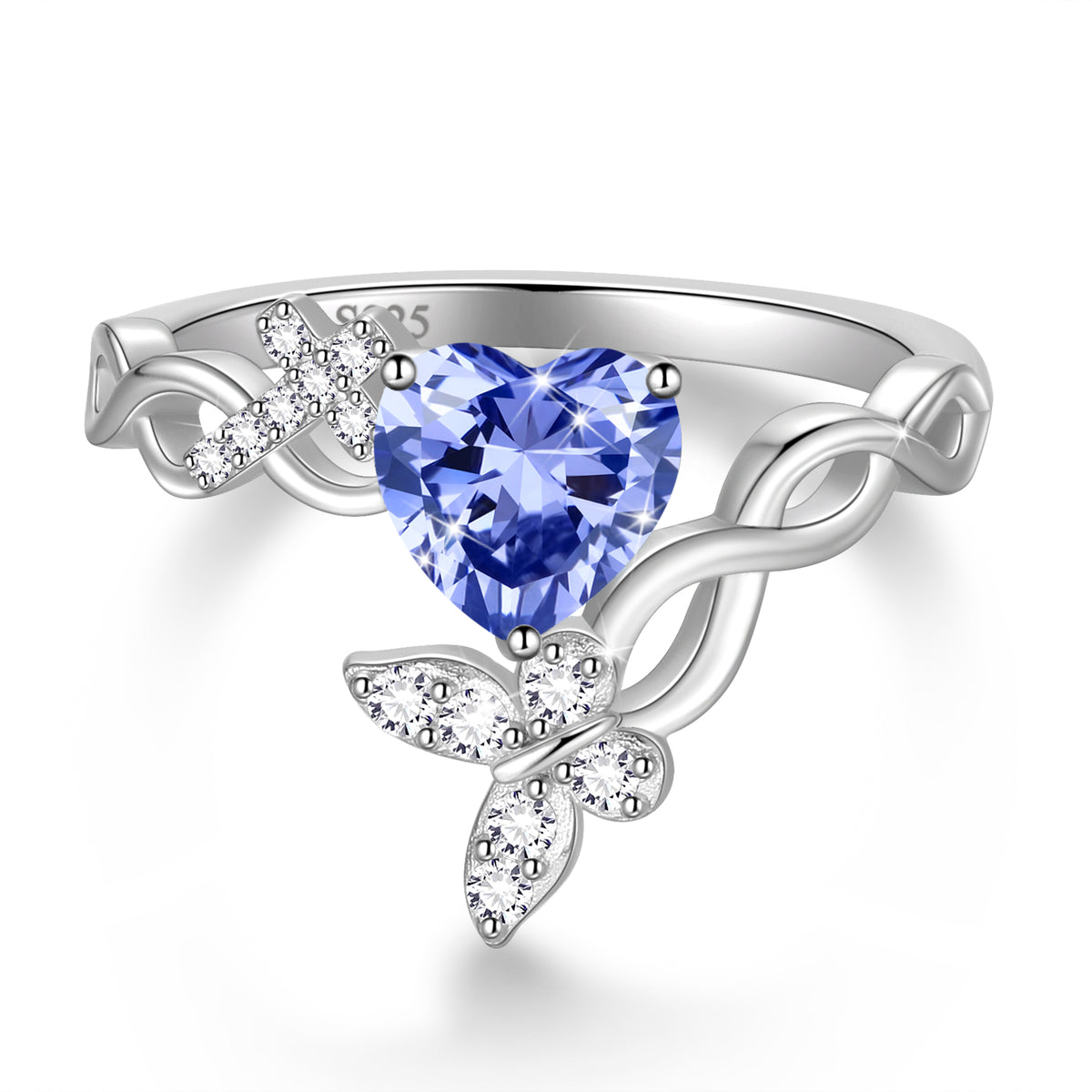 Beautlace Heart Birthstone Halo Ring,Butterfly 925 Sterling Silver Adjustable Birthstone Open Band Rings Birthday Christmas Valentines Jewelry Gifts for Women Mom