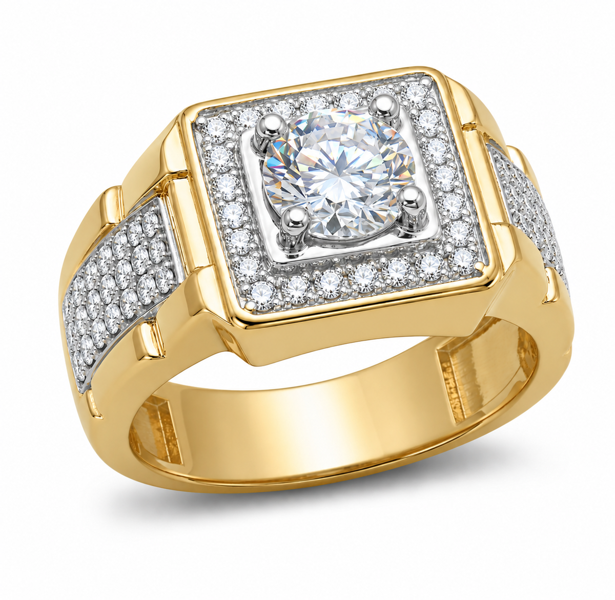 Beautlace Mens Gold Plated Ring with 5A Cubic Zirconia,Hip Hop Statement Ring for Men,Iced Out Square CZ Ring,Gold Plated Fashion Simulated Diamond Ring for Husband Boyfriend Dad-Size 7-12