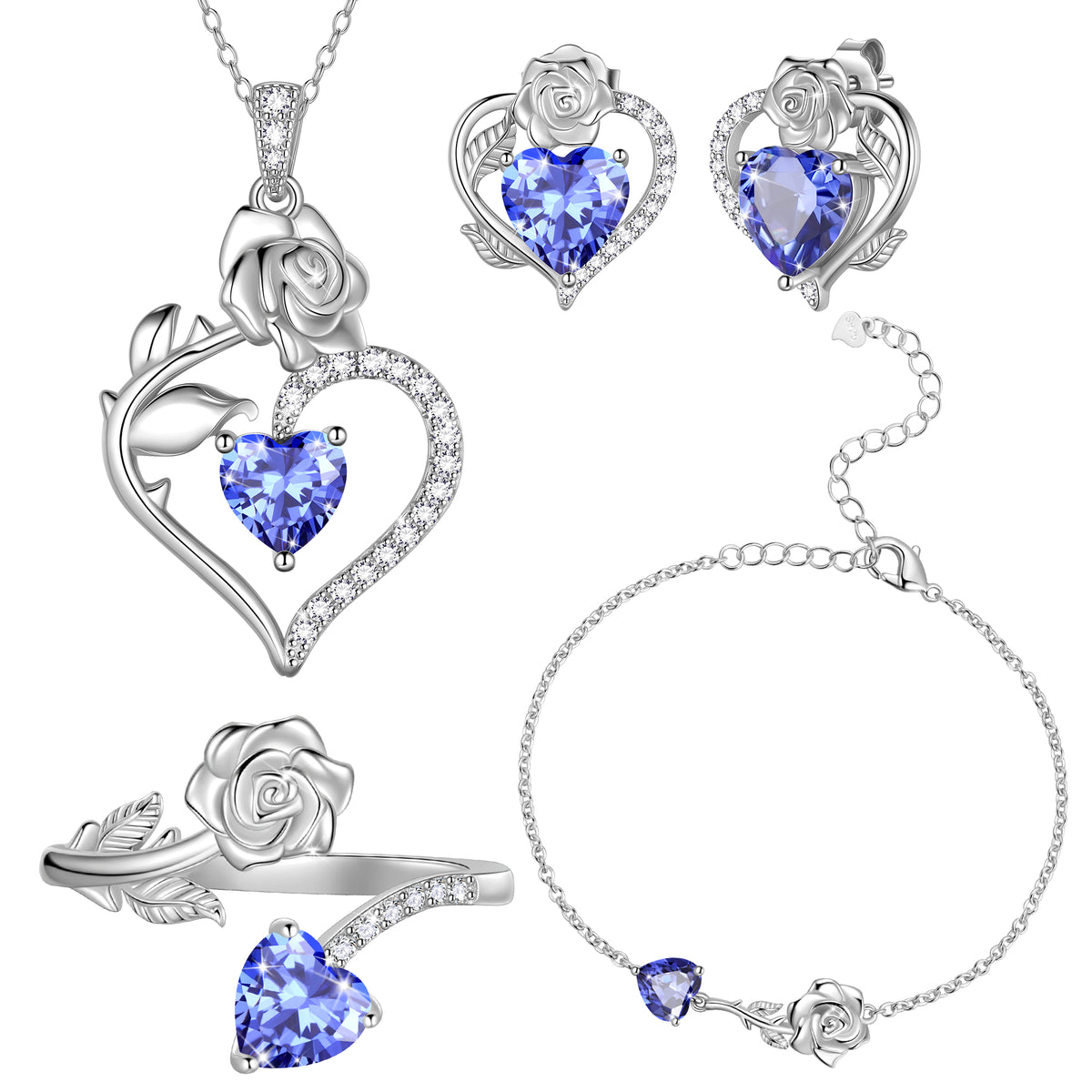 Rose Heart Jewelry Set,Birthstone Rose Flower Heart Necklace/Earrings/Ring/Bracelet 925 Sterling Silver Jewelry Gifts for Women