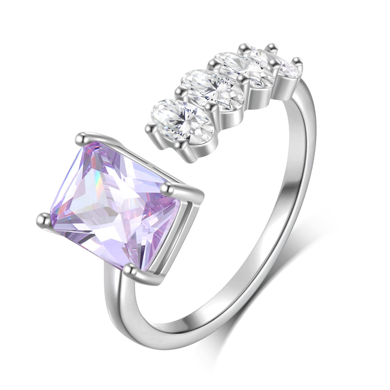 925 Sterling Silver Birthstone Ring,Adjustable Square Zirconia Band Ring Jewelry Gifts for Women HR0148