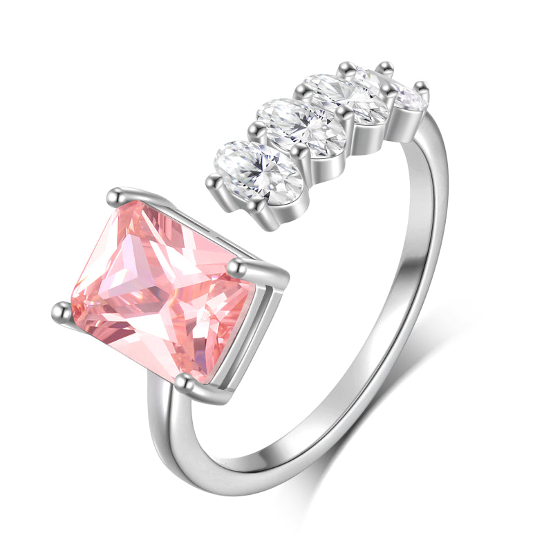 925 Sterling Silver Birthstone Ring,Adjustable Square Zirconia Band Ring Jewelry Gifts for Women HR0148