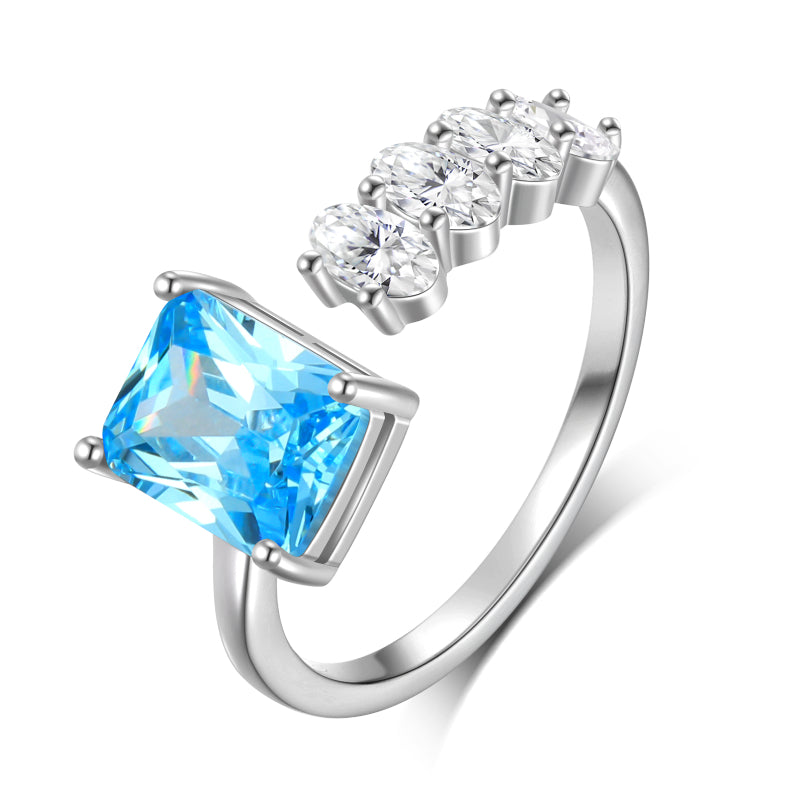925 Sterling Silver Birthstone Ring,Adjustable Square Zirconia Band Ring Jewelry Gifts for Women HR0148