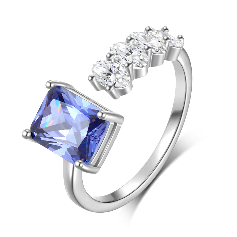 925 Sterling Silver Birthstone Ring,Adjustable Square Zirconia Band Ring Jewelry Gifts for Women HR0148