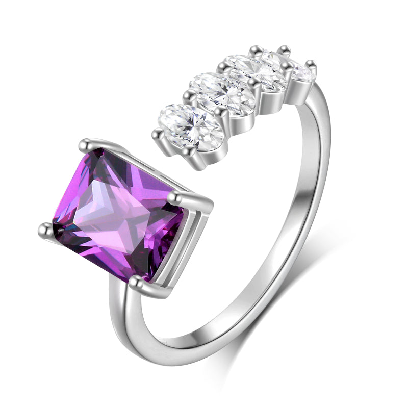 925 Sterling Silver Birthstone Ring,Adjustable Square Zirconia Band Ring Jewelry Gifts for Women HR0148