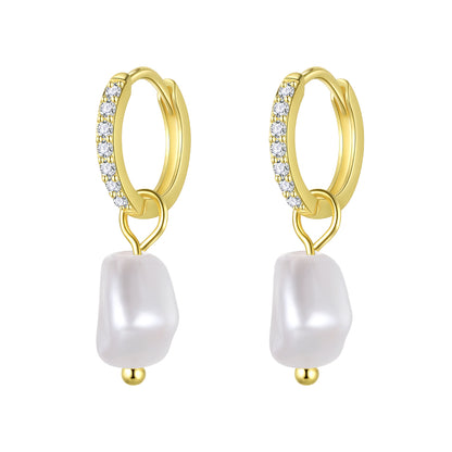 Sterling Silver Plated 14K Gold Freshwater Pearl Huggie Hoop Earrings,Lightweight Drop Dangle Earrings for Women HE0134