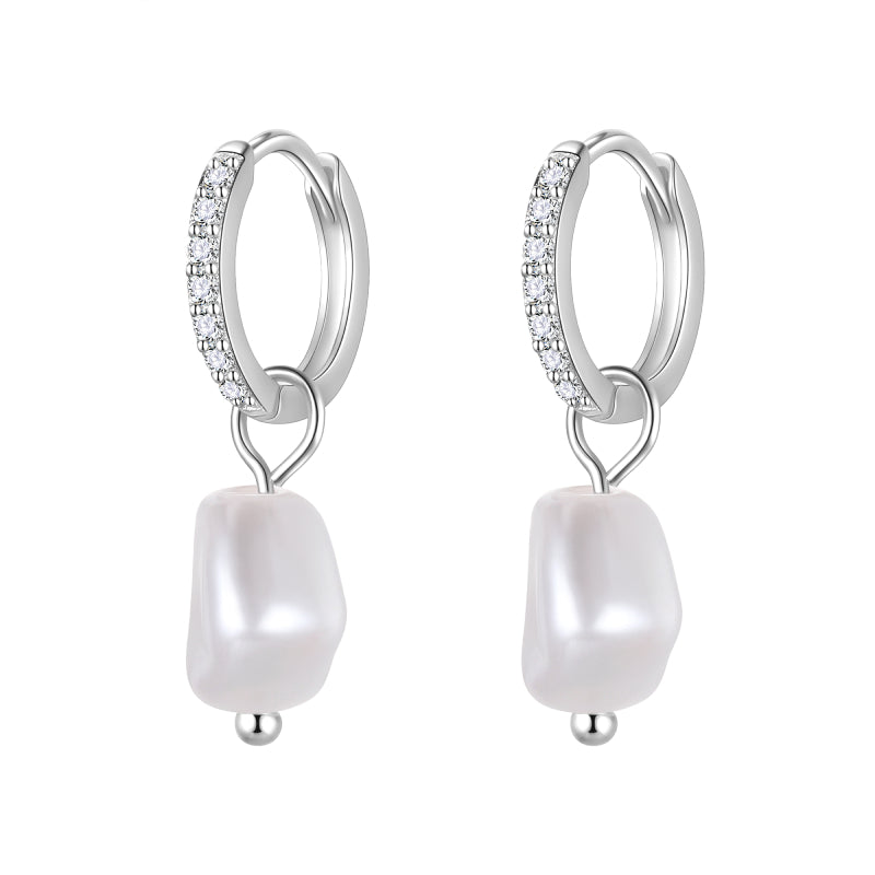 Sterling Silver Plated 14K Gold Freshwater Pearl Huggie Hoop Earrings,Lightweight Drop Dangle Earrings for Women HE0134