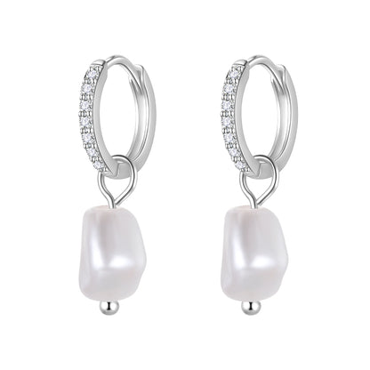 Sterling Silver Plated 14K Gold Freshwater Pearl Huggie Hoop Earrings,Lightweight Drop Dangle Earrings for Women HE0134