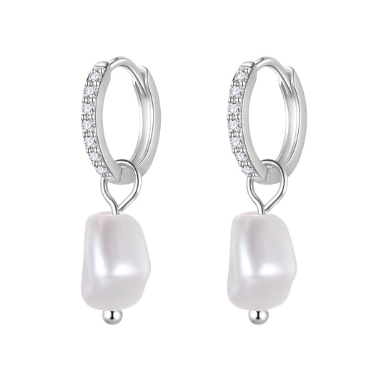 Sterling Silver Plated 14K Gold Freshwater Pearl Huggie Hoop Earrings,Lightweight Drop Dangle Earrings for Women HE0134