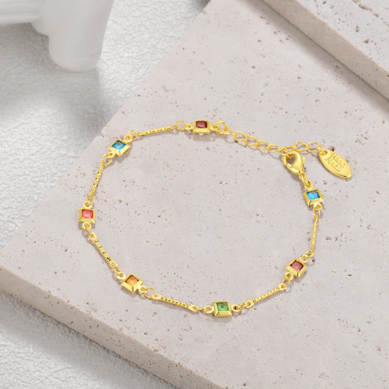 18K Gold Plated Multi-Color Gemstones Bracelet|Womens CZ Inlaid Bracelet|Jewelry Gifts for Her