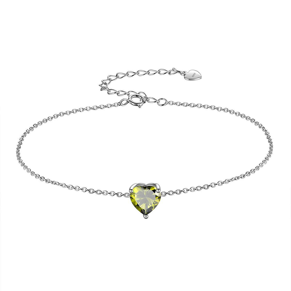 925 Sterling Silver Heart Charm Bracelet,Adjustable Birthstone Bracelet for Women,7.5" + 2" Extender