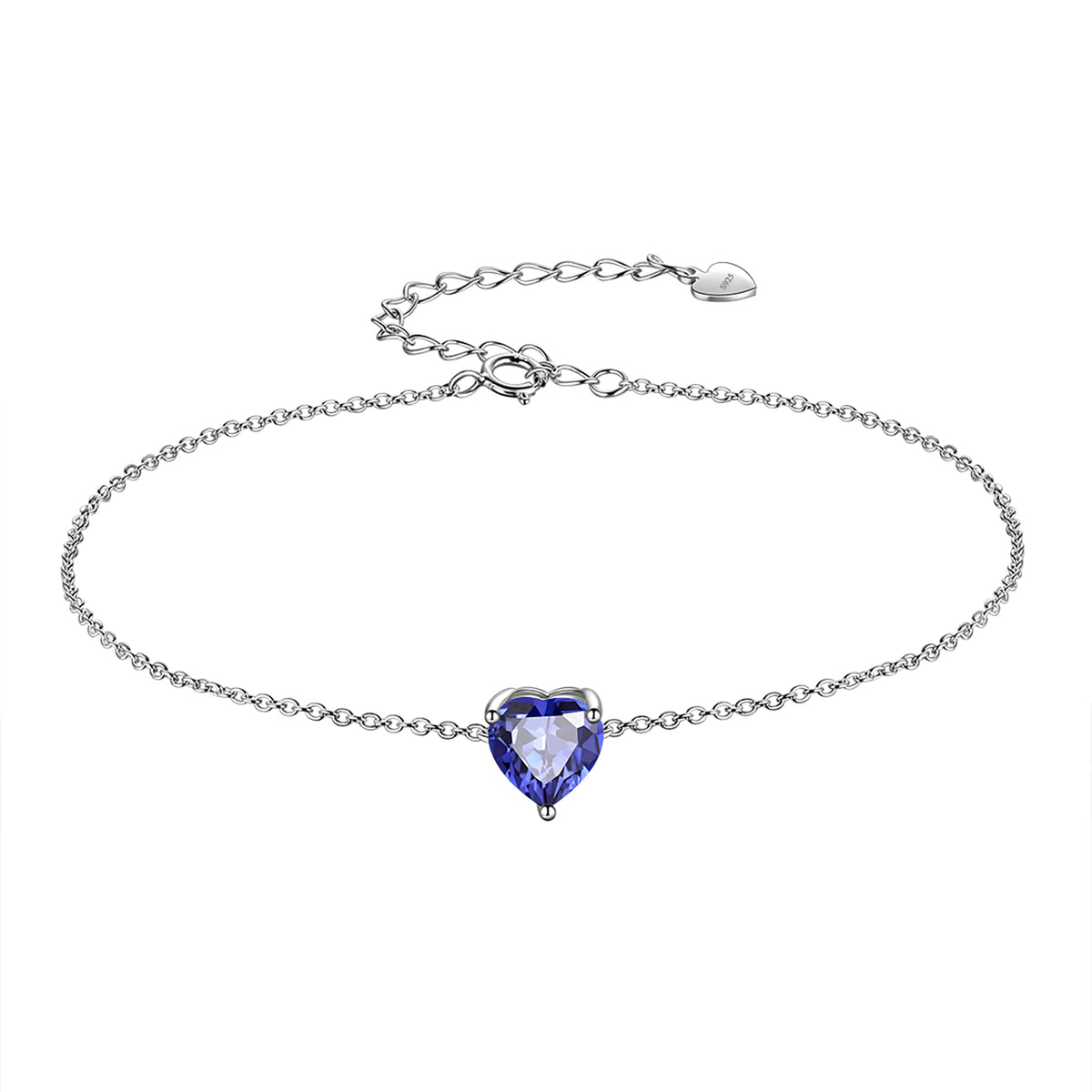 925 Sterling Silver Heart Charm Bracelet,Adjustable Birthstone Bracelet for Women,7.5" + 2" Extender