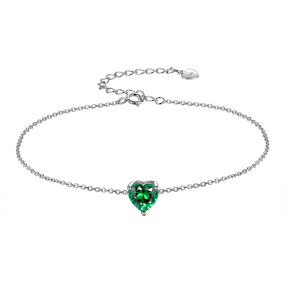 925 Sterling Silver Heart Charm Bracelet,Adjustable Birthstone Bracelet for Women,7.5" + 2" Extender
