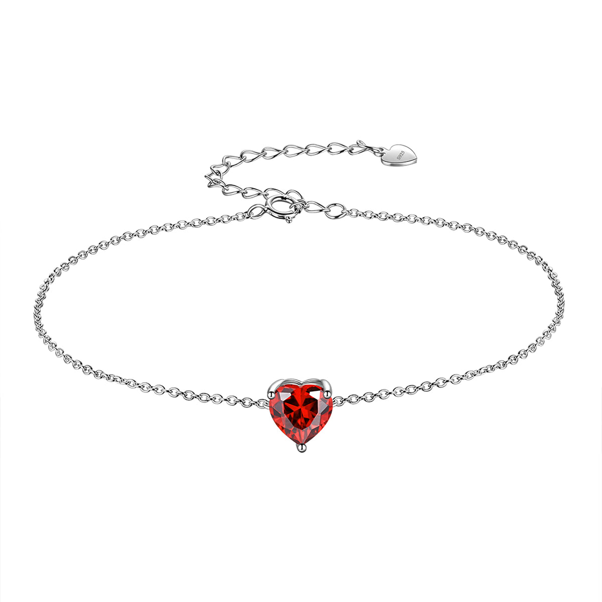 925 Sterling Silver Heart Charm Bracelet,Adjustable Birthstone Bracelet for Women,7.5" + 2" Extender