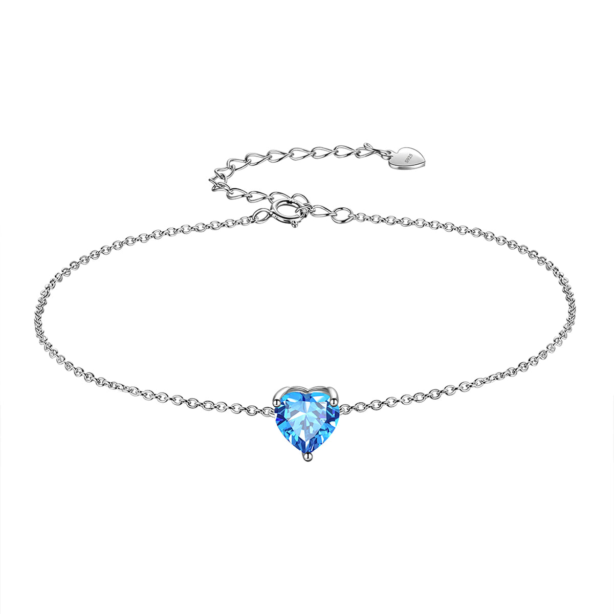 925 Sterling Silver Heart Charm Bracelet,Adjustable Birthstone Bracelet for Women,7.5" + 2" Extender