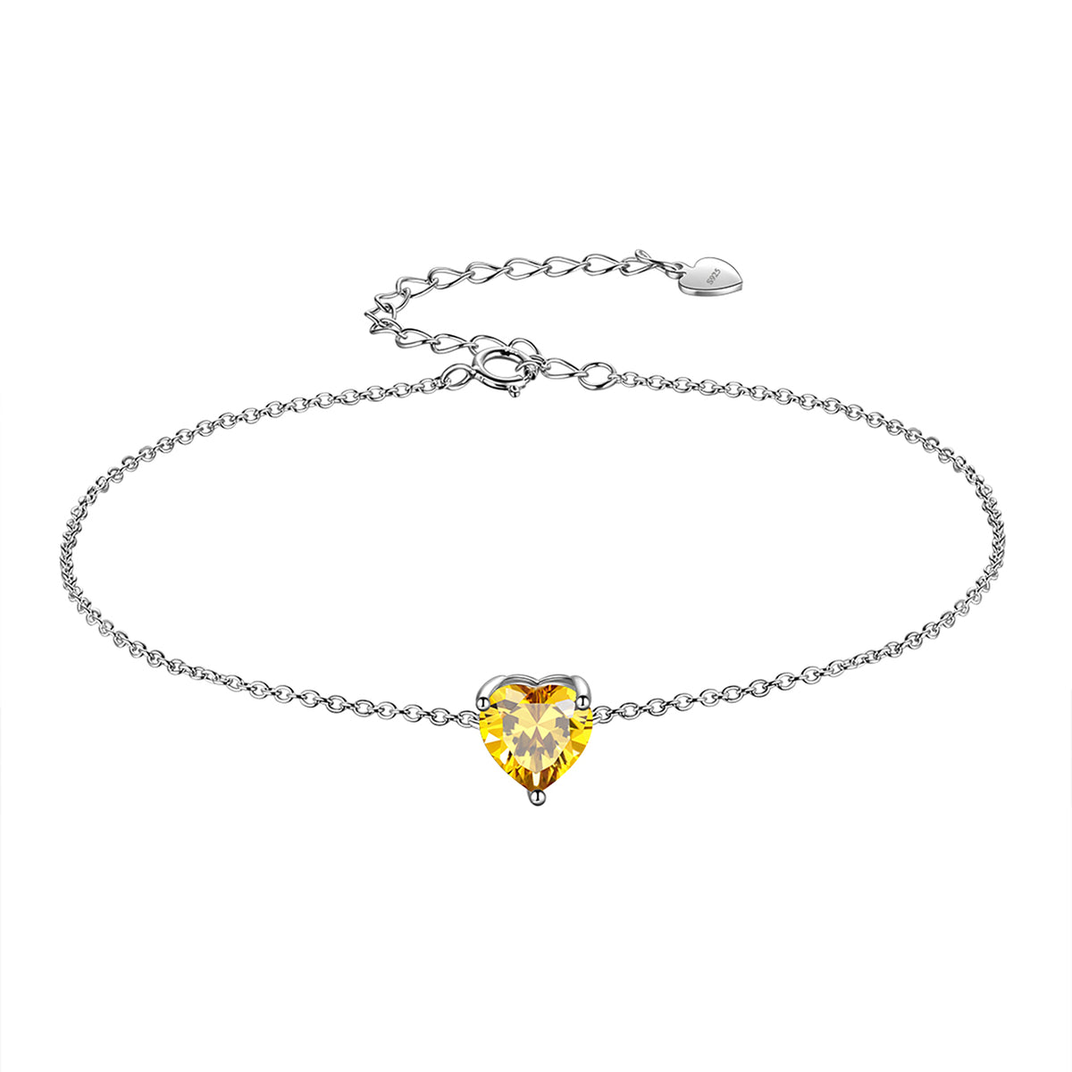 925 Sterling Silver Heart Charm Bracelet,Adjustable Birthstone Bracelet for Women,7.5" + 2" Extender