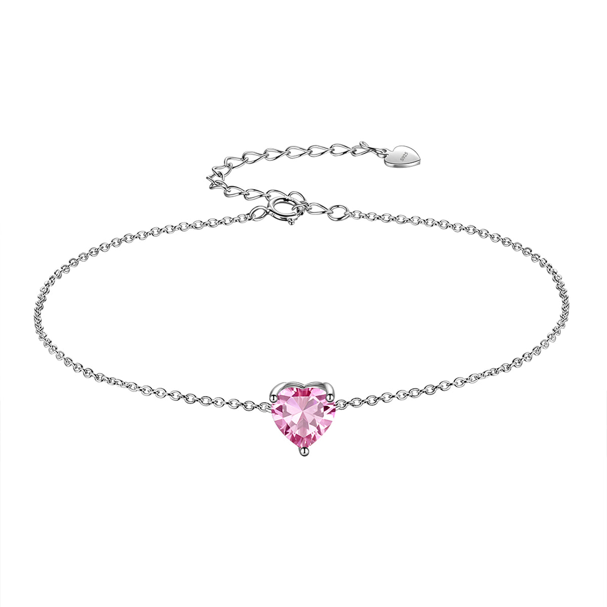 925 Sterling Silver Heart Charm Bracelet,Adjustable Birthstone Bracelet for Women,7.5" + 2" Extender