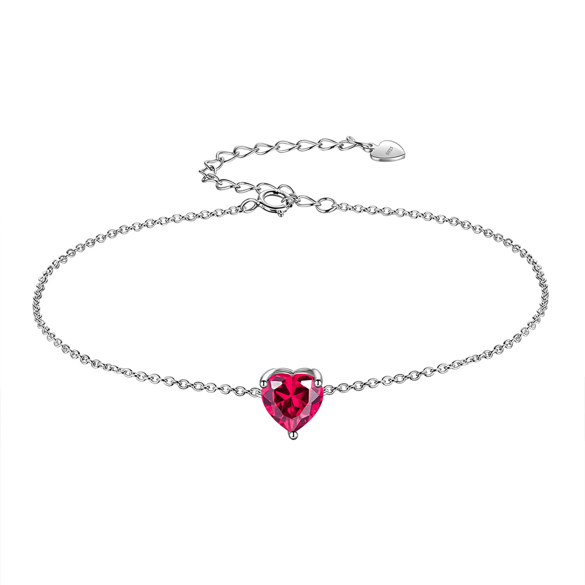 925 Sterling Silver Heart Charm Bracelet,Adjustable Birthstone Bracelet for Women,7.5" + 2" Extender