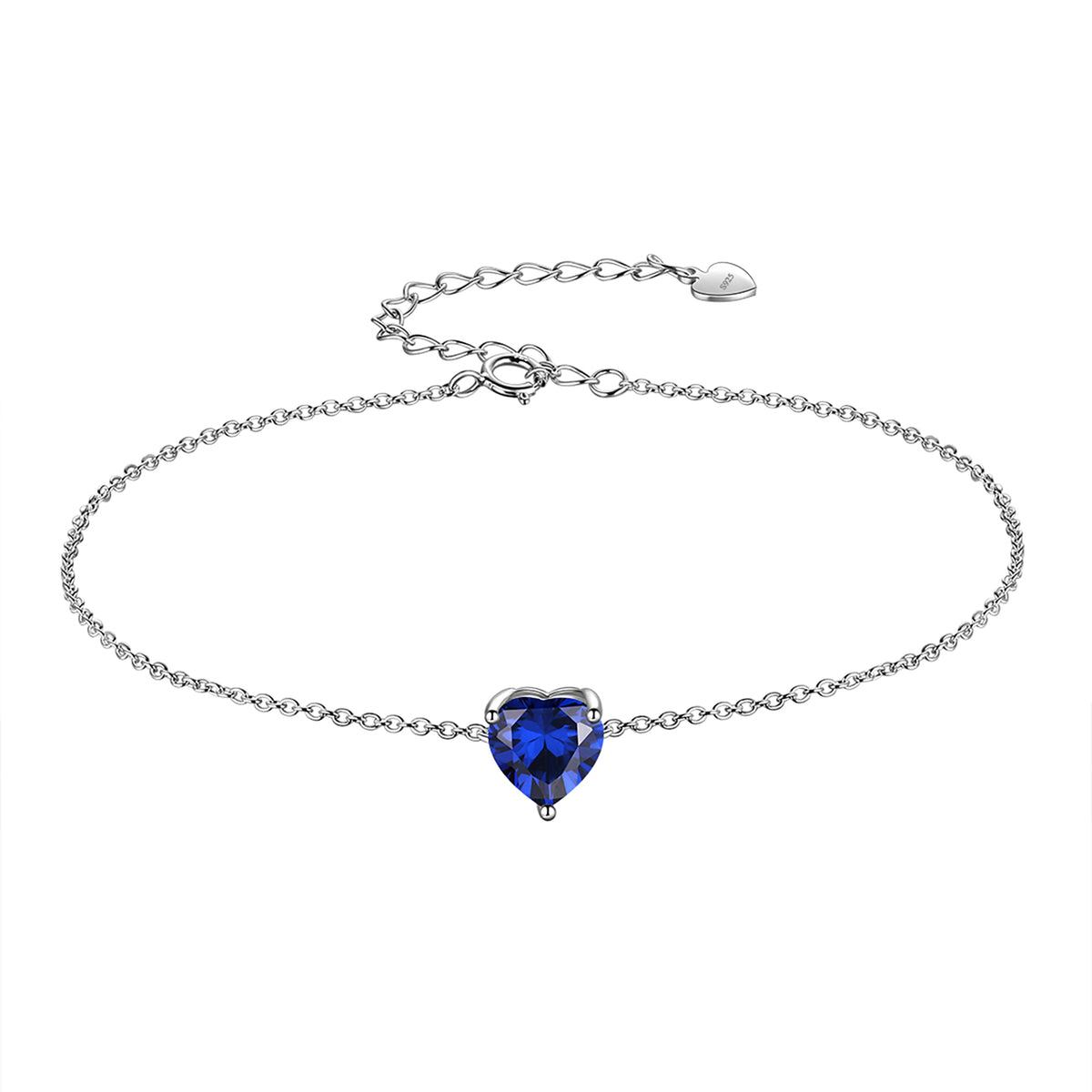 925 Sterling Silver Heart Charm Bracelet,Adjustable Birthstone Bracelet for Women,7.5" + 2" Extender