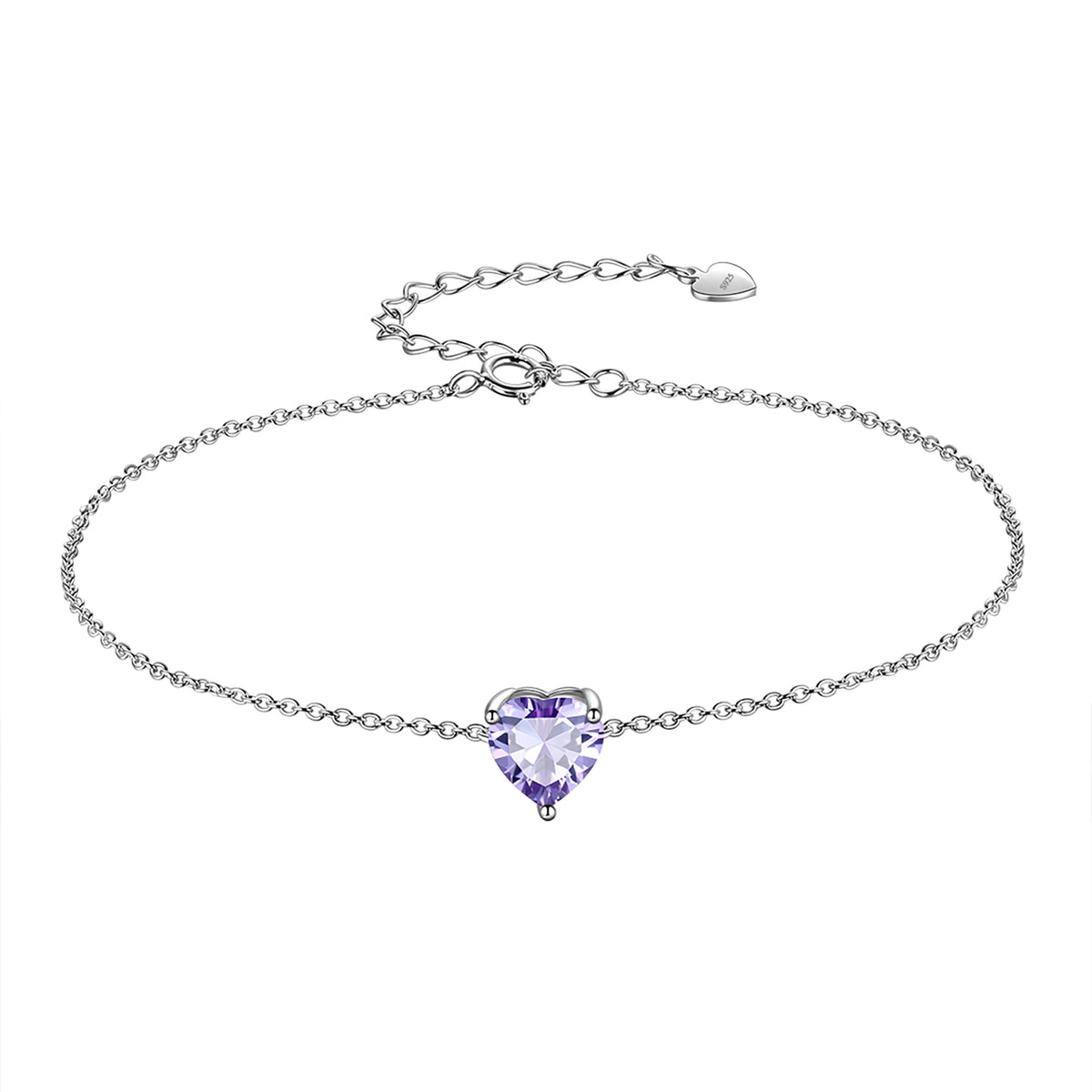 925 Sterling Silver Heart Charm Bracelet,Adjustable Birthstone Bracelet for Women,7.5" + 2" Extender