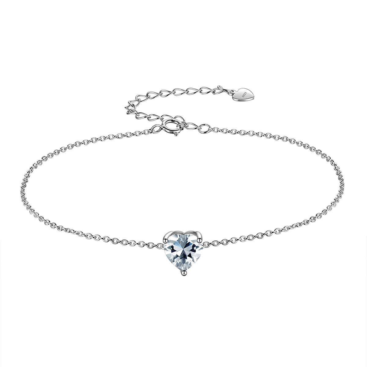925 Sterling Silver Heart Charm Bracelet,Adjustable Birthstone Bracelet for Women,7.5" + 2" Extender