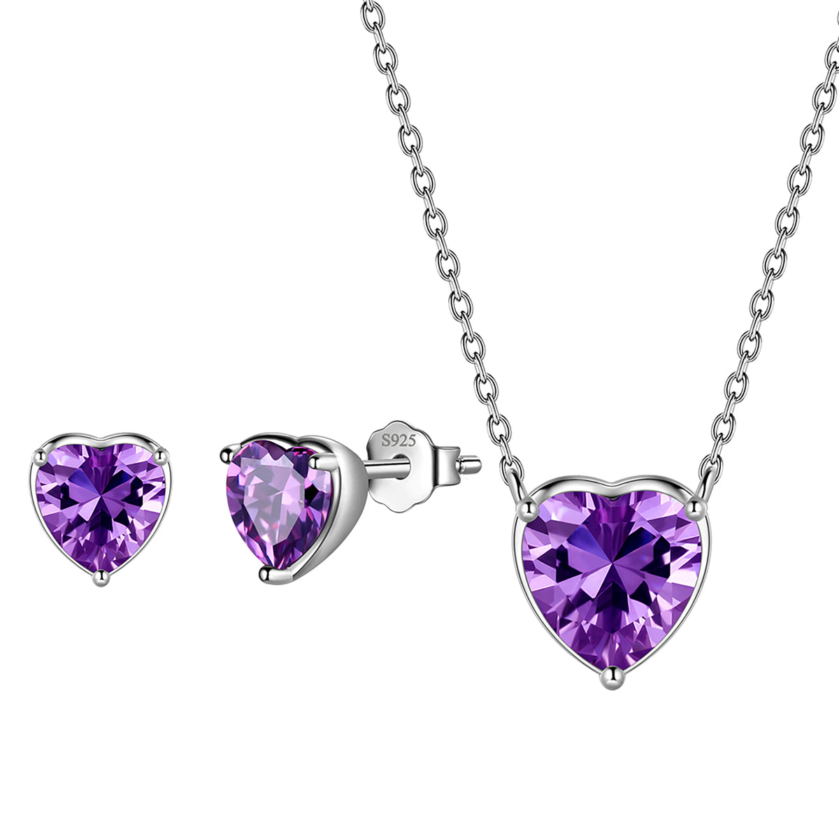 Heart Jewelry Set,925 Sterling Silver Heart Birthstone Pendant Necklace and Earrings Set for Women