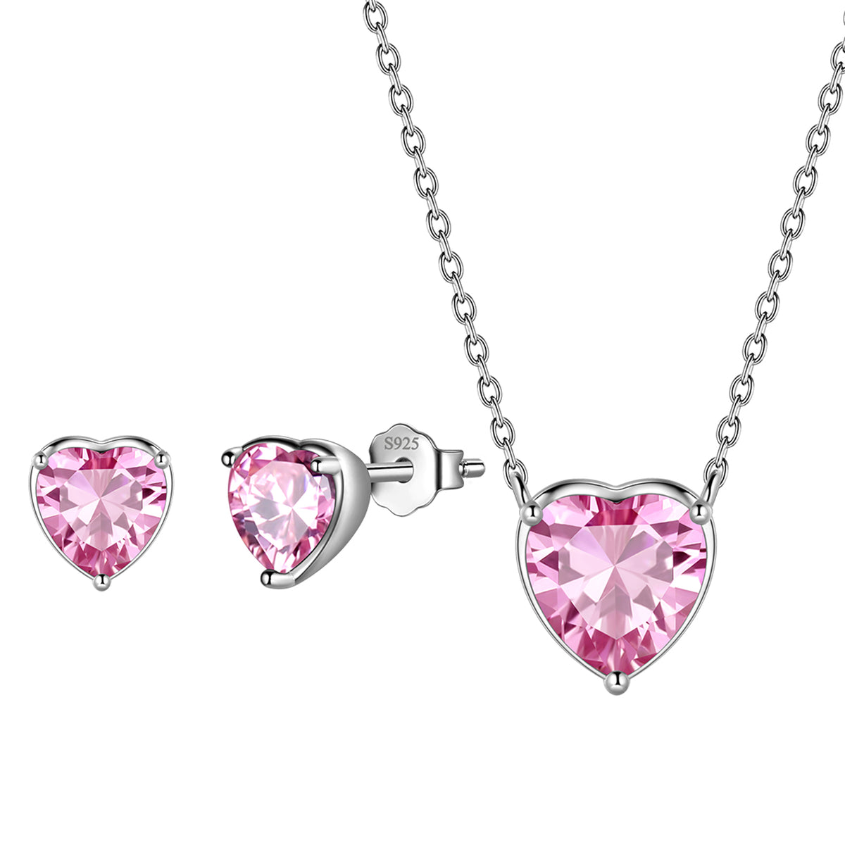 Heart Jewelry Set,925 Sterling Silver Heart Birthstone Pendant Necklace and Earrings Set for Women