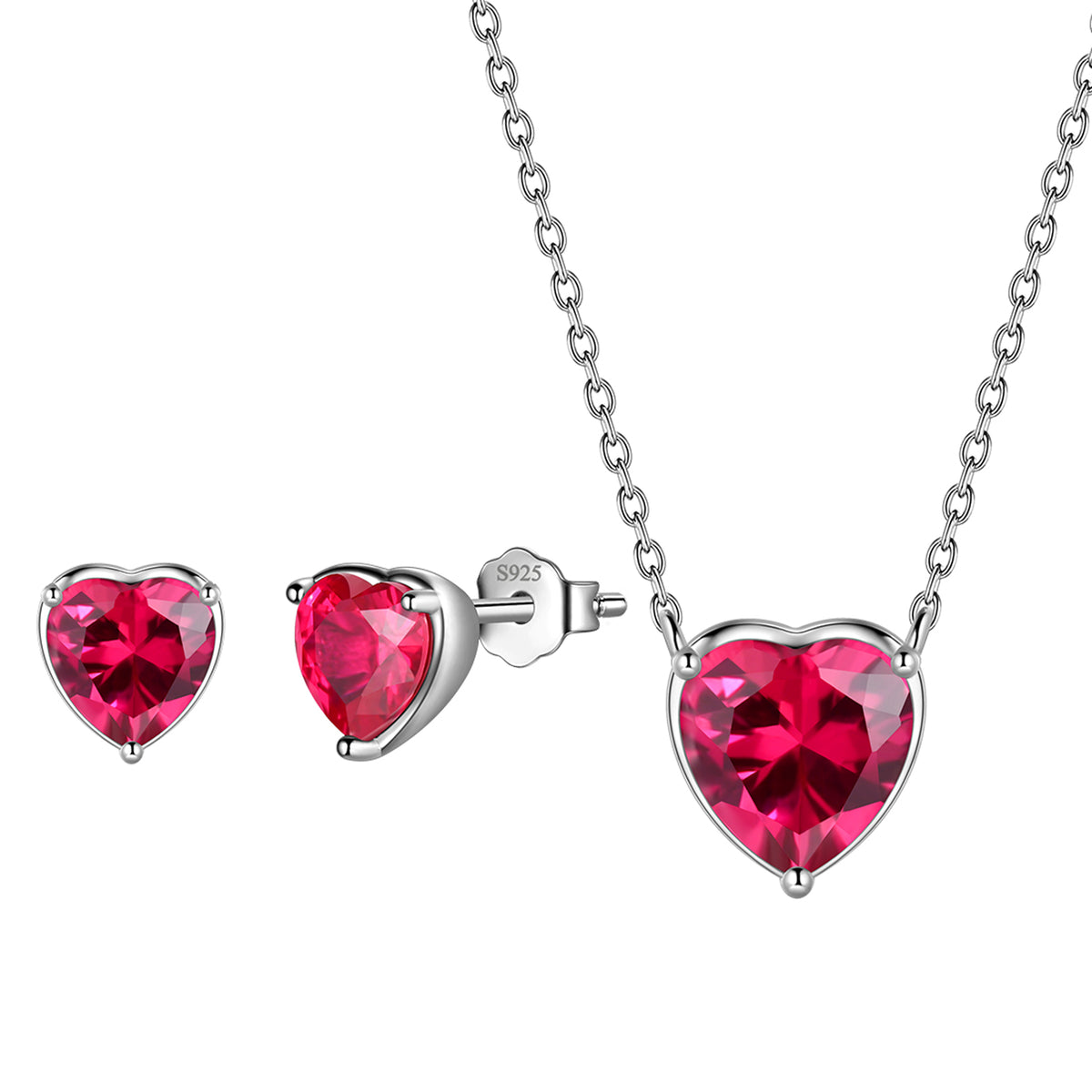 Heart Jewelry Set,925 Sterling Silver Heart Birthstone Pendant Necklace and Earrings Set for Women
