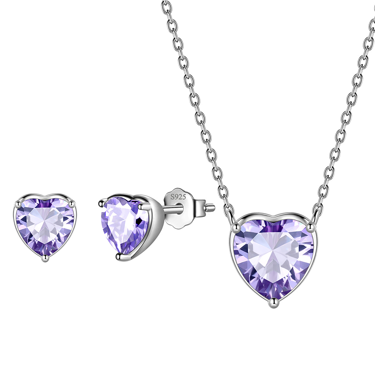 Heart Jewelry Set,925 Sterling Silver Heart Birthstone Pendant Necklace and Earrings Set for Women