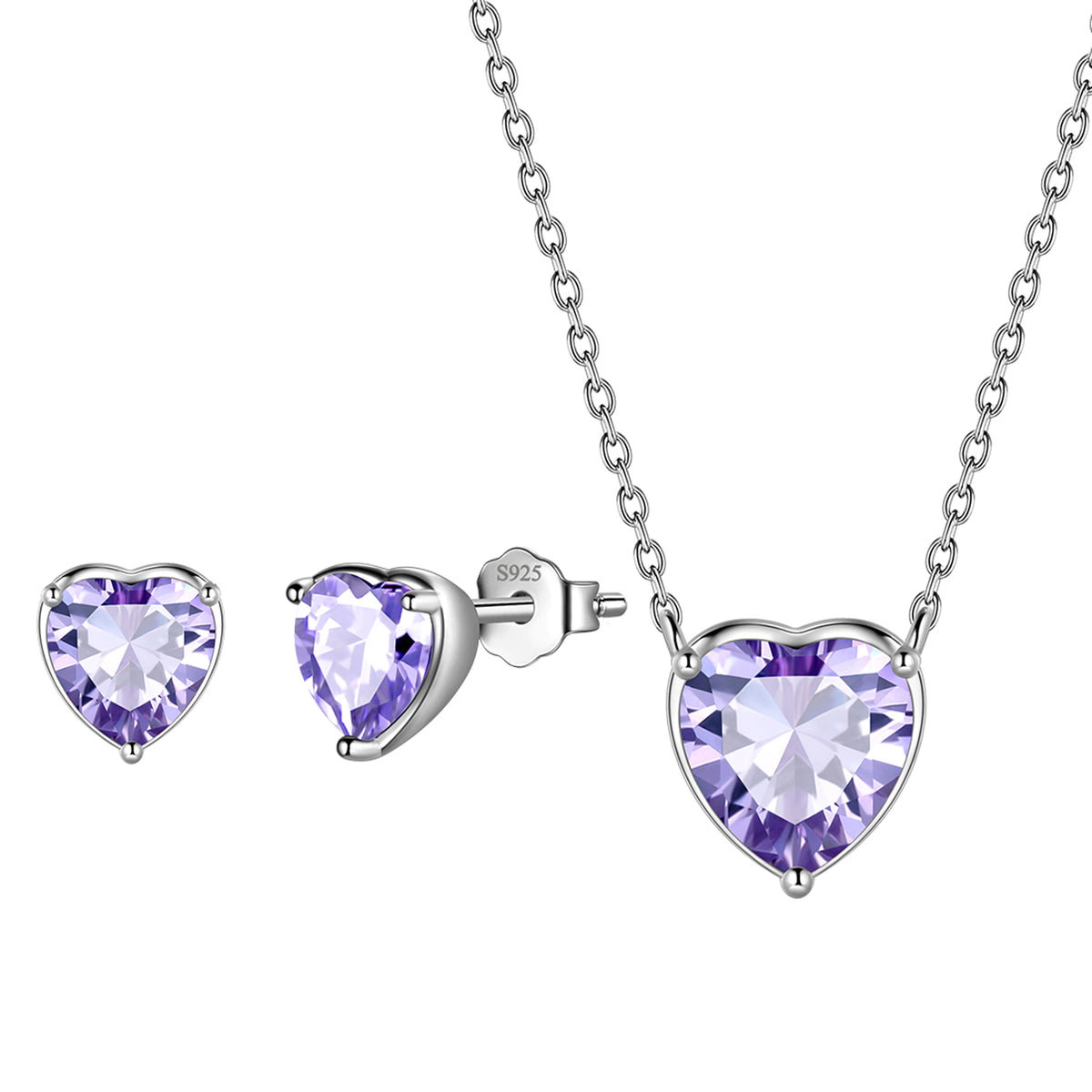 Heart Jewelry Set,925 Sterling Silver Heart Birthstone Pendant Necklace and Earrings Set for Women