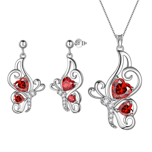 Butterfly Heart Jewelry Set,925 Sterling Silver Birthstone Pendant Necklace/Earrings Set Cute Animals Jewelry Gift for Women Girls