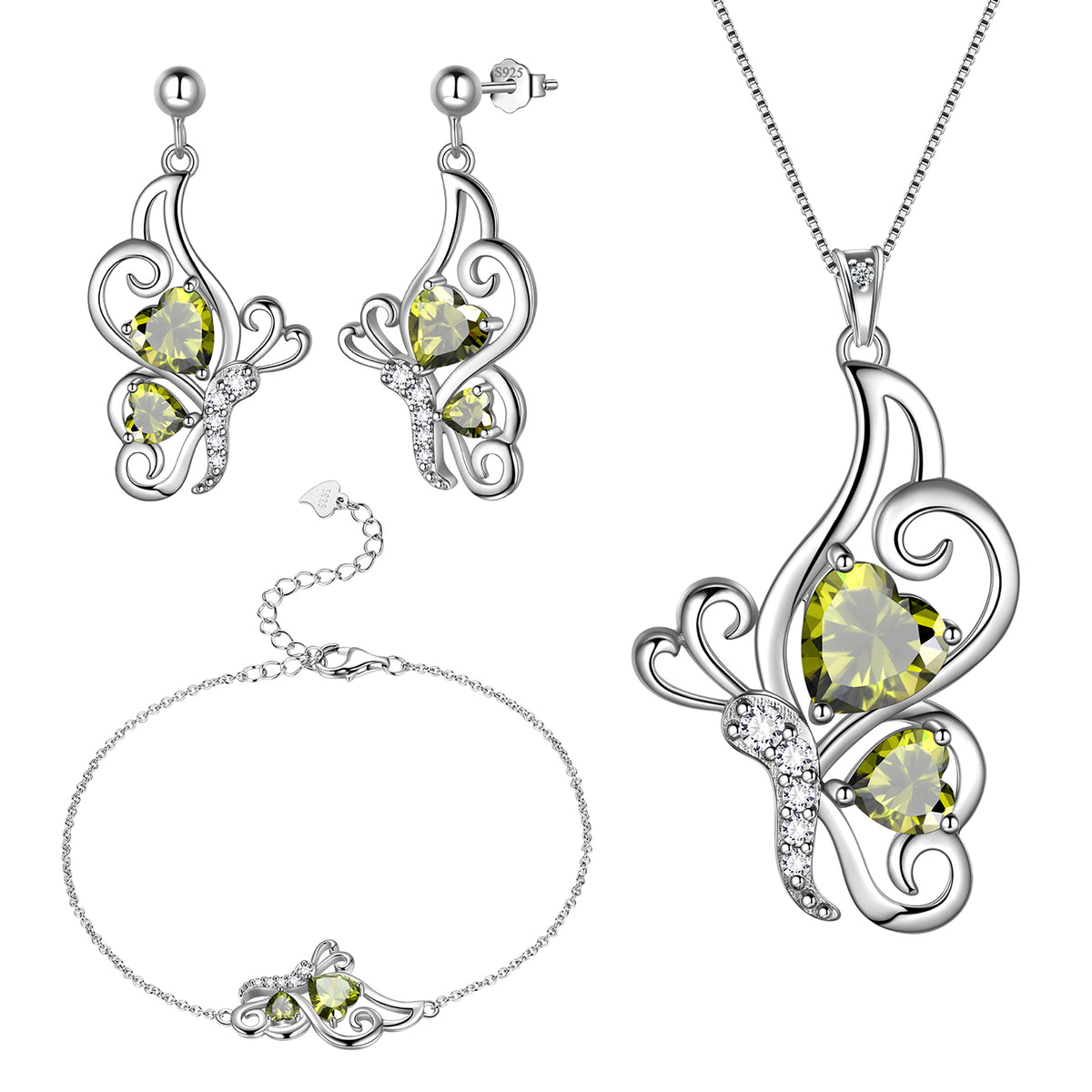 Butterfly Heart Jewelry Set,925 Sterling Silver Purple Amethyst Birthstone Pendant Necklace/Earrings/Bracelet Set Cute Animals Jewelry Gift for Women Girls