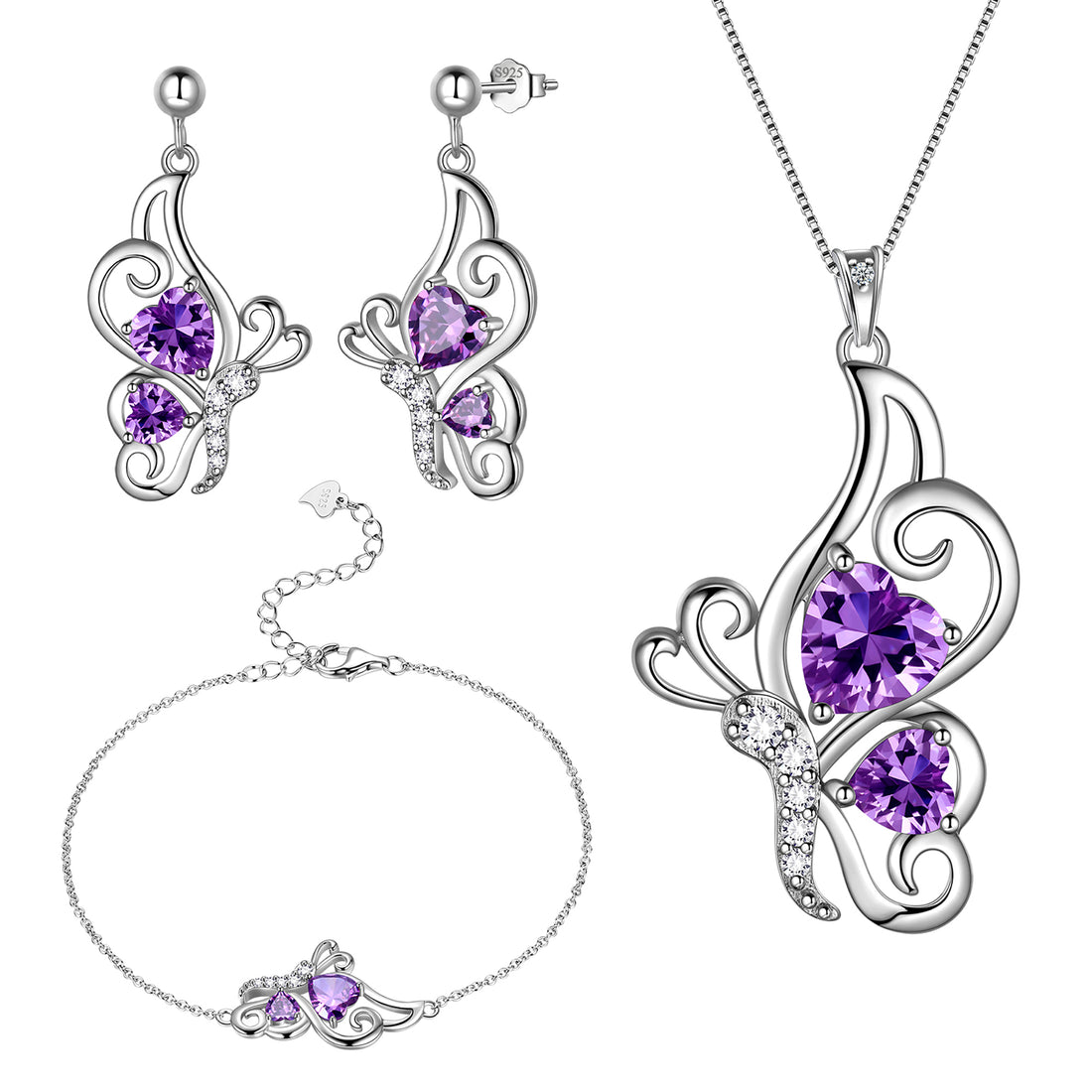 Butterfly Heart Jewelry Set,925 Sterling Silver Purple Amethyst Birthstone Pendant Necklace/Earrings/Bracelet Set Cute Animals Jewelry Gift for Women Girls