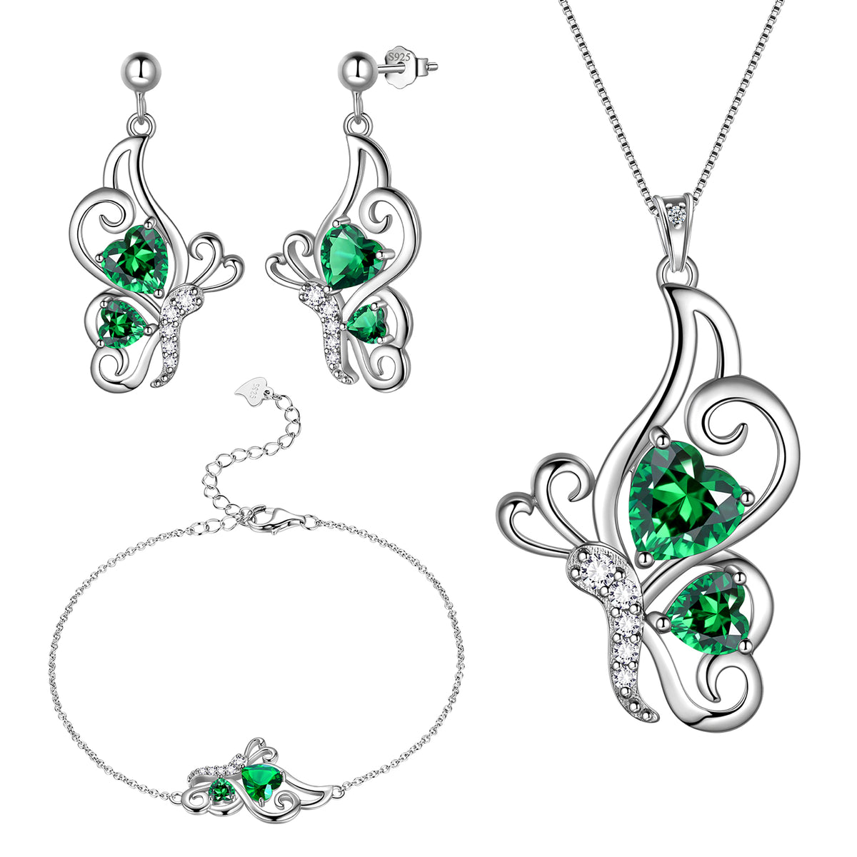 Butterfly Heart Jewelry Set,925 Sterling Silver Purple Amethyst Birthstone Pendant Necklace/Earrings/Bracelet Set Cute Animals Jewelry Gift for Women Girls