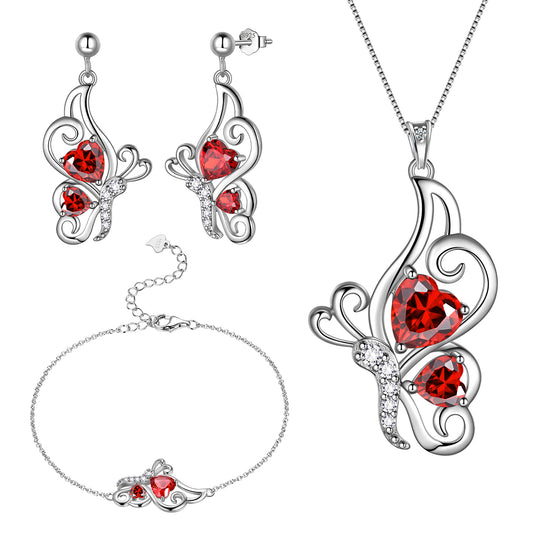 Butterfly Heart Jewelry Set,925 Sterling Silver Red Garnet Birthstone Pendant Necklace/Earrings/Bracelet Set Cute Animals Jewelry Gift for Women Girls